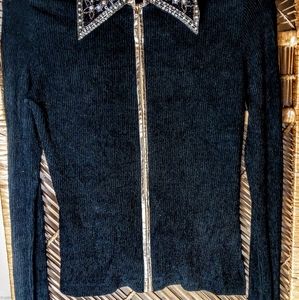 VTG Women's Special Edition Hobby Horse Beaded Zip Up Black Cardigan, Size Small